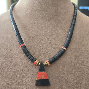 Vintage  Shell Native‎ American Heishi and Red Coral Inlay Triangle Necklace 15"